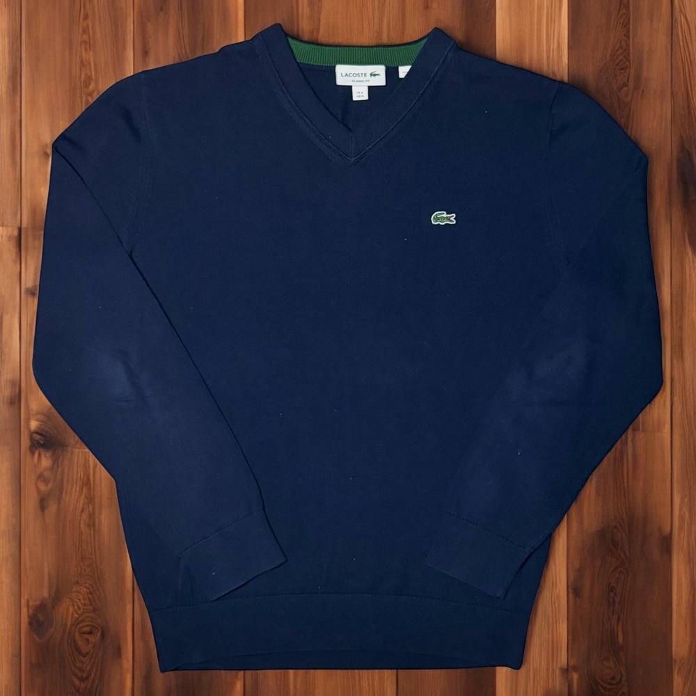 Lacoste Sweater Mens Medium Navy V-Neck Classic Fit‎ Cotton Timeless Knitwear